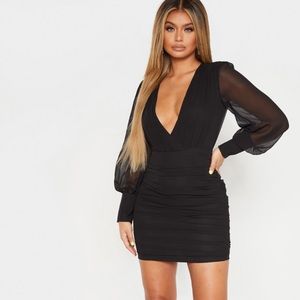 Black Long Sleeve Chiffon Ruched Bodycon Dress